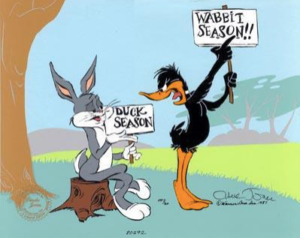 Bugs Bunny and Daffy Duck arguing.