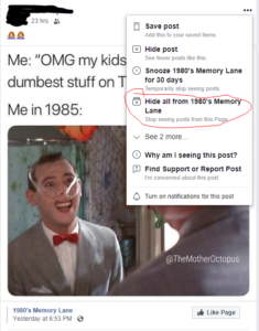 Pee Wee Herman post. Hide third party shares to avoid Facebook arguments.