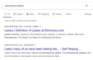 Google result for Coronavirus Lazies showing Self Helping Yourself Facebook page as second result