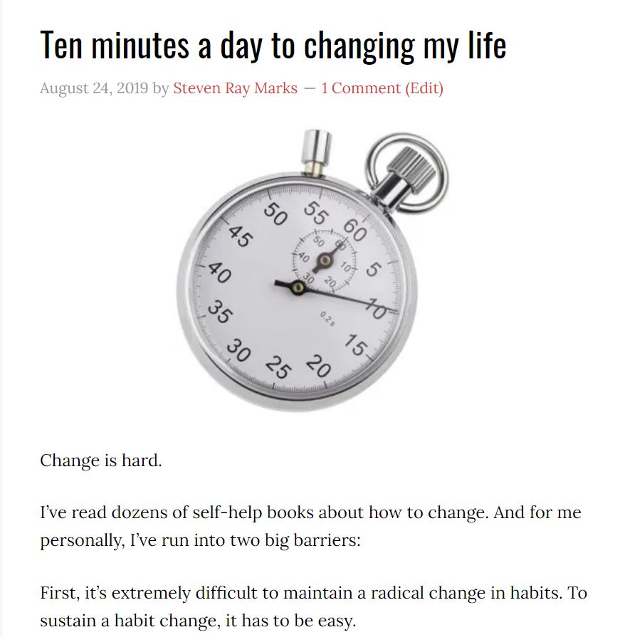 Screencap of Self Helping Yourself first post "Ten Minutes a day to changing my life."